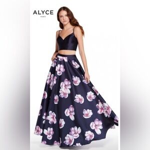 Alyce Paris Navy Floral Prom Formal Lined Skirt Dress Womens Size 000